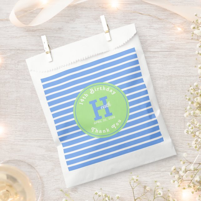 Birthday Stripes Blue⎮White Green Favour Bags (Clipped)