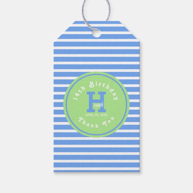 Birthday Stripes Blue⎮White Green Gift Tag (Front)