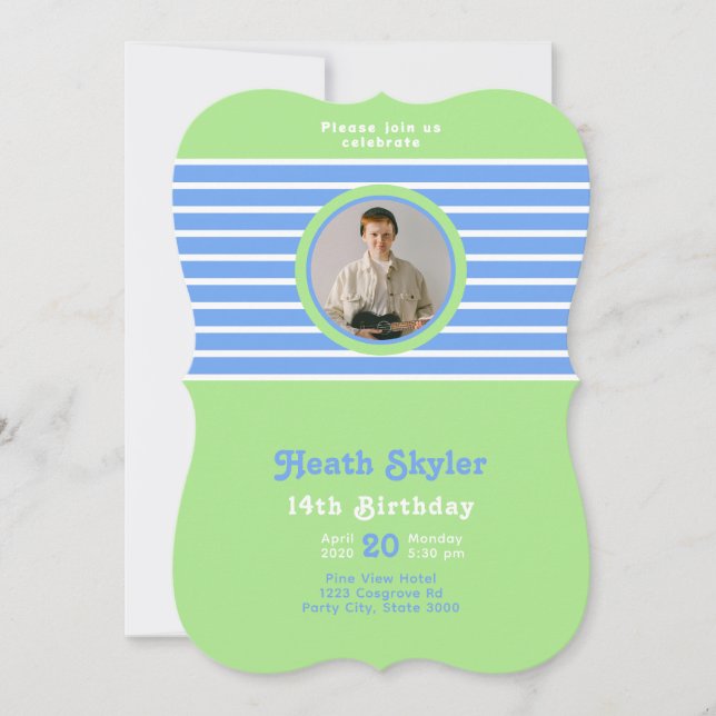 Birthday Stripes Blue⎮White Green  Invitation (Front)