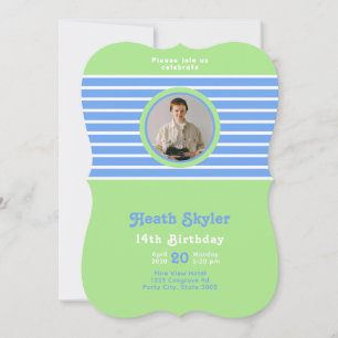Birthday Stripes Blue⎮White Green  Invitation