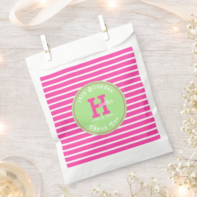 Birthday Stripes Pink⎮White Green Favour Bags (Clipped)