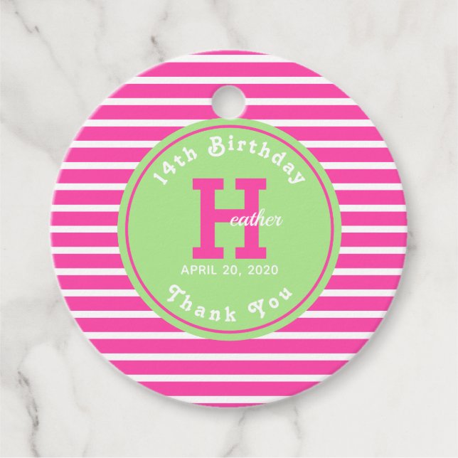 Birthday Stripes Pink⎮White Green Favour Tag (Front)