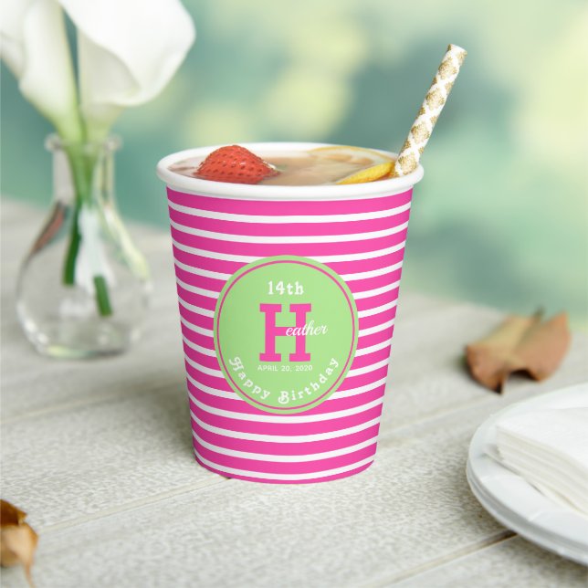 Birthday Stripes Pink⎮White Green Paper Cup (Insitu)