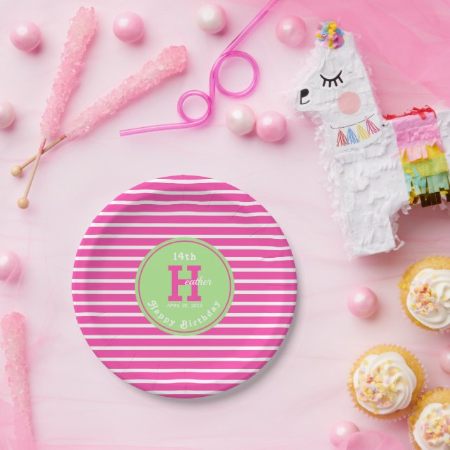 Birthday Stripes Pink⎮White Green Paper Plate (Party)