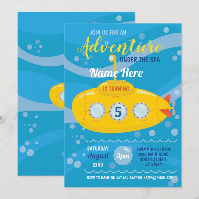Birthday Submarine Swimming Party Sea Invite (Front/Back)