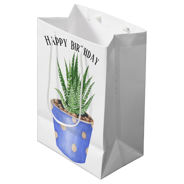 Birthday Succulent In Polka Dot Pot Medium Gift Bag (Front Angled)