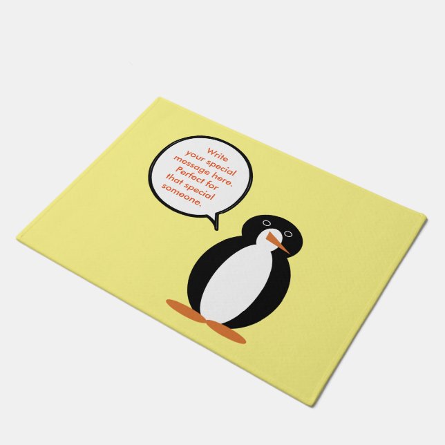 Birthday Suit Talking Ms. Penguin Personalised Doormat (Angled)