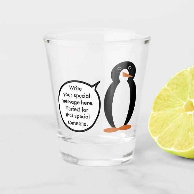 Birthday Suit Talking Ms. Penguin Personalised Shot Glass (Front)