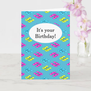 Birthday Summer beach flip flops on blue Card