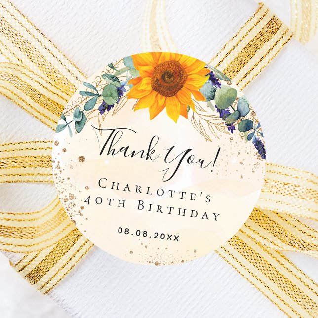 Birthday sunflower eucalyptus glitter thank you  classic round sticker (Creator Uploaded)