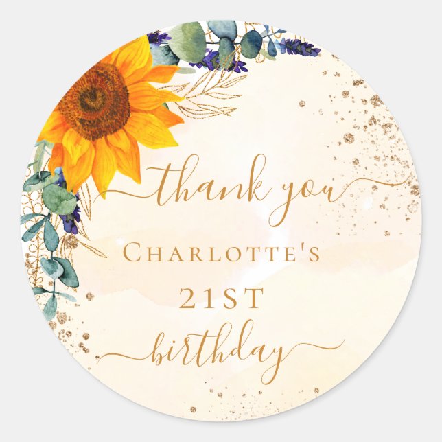Birthday sunflower eucalyptus glitter thank you classic round sticker (Front)