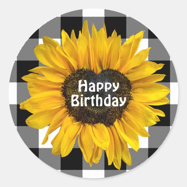 Birthday Sunflower Heart on Buffalo Plaid  Classic Round Sticker (Front)