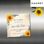 Birthday sunflowers eucalyptus gold save the date magnet<br><div class="desc">A trendy Save the Date for a 40th (or any age) birthday party. A stylish white background decorated with sunflowers, eucalyptus greenery, golden foliage and faux gold glitter dust. Personalize and add a date, name and text. The text: Save the Date is written with a large trendy hand lettered style...</div>
