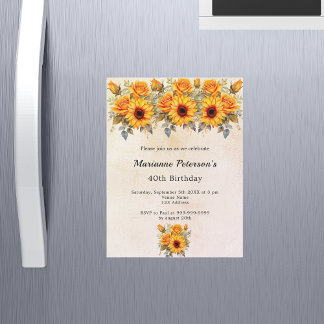 Birthday sunflowers greenery rustic yellow magnetic invitation