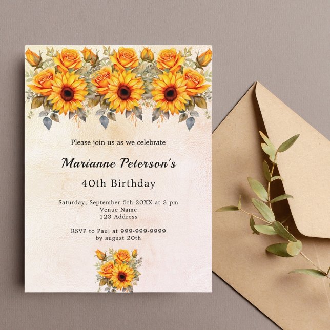 Birthday sunflowers greenery rustic yellow orange invitation postcard (Creator Uploaded)