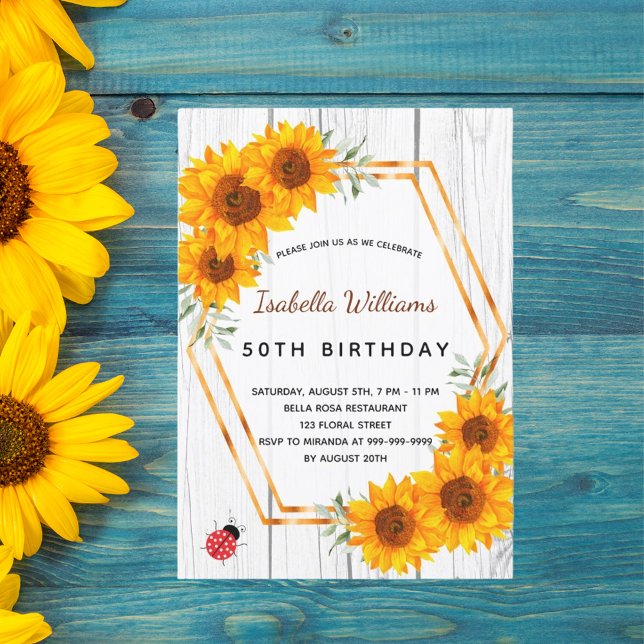 Birthday sunflowers rustic white wood geometric invitation (Creator Uploaded)
