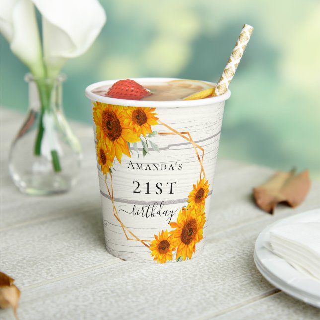 Birthday sunflowers rustic wood white name  paper cups (Insitu)