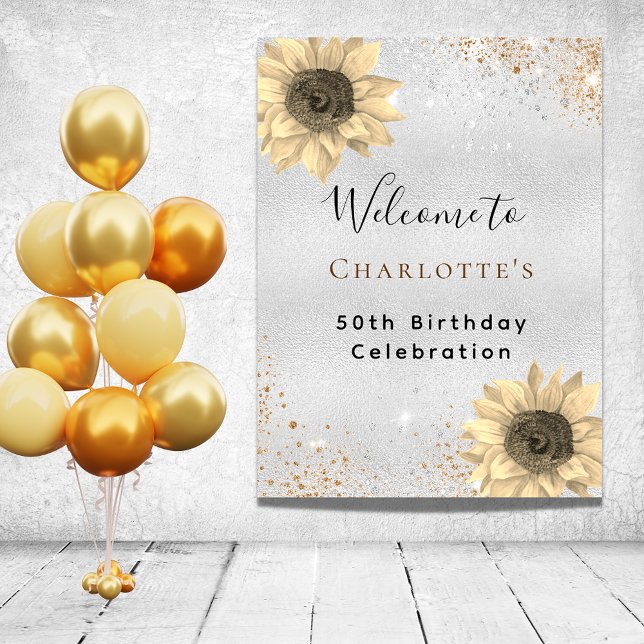 Birthday sunflowers silver gold glitter welcome poster (Creator Uploaded)