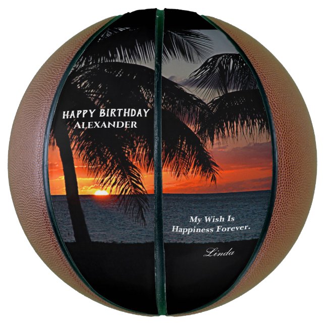 Birthday Sunset Ocean Tropical Palms Personalise Basketball (Vertical)