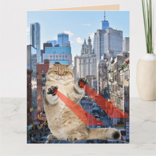 BIRTHDAY SUPERPOWER CAT OVER NEW YORK CITY CARDS