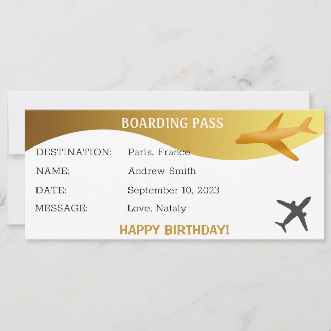 Birthday surprise boarding pass gift  card (Front)