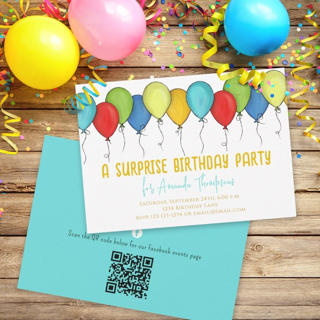 Birthday Surprise Party Balloons QR Code Facebook Invitation (Creator Uploaded)