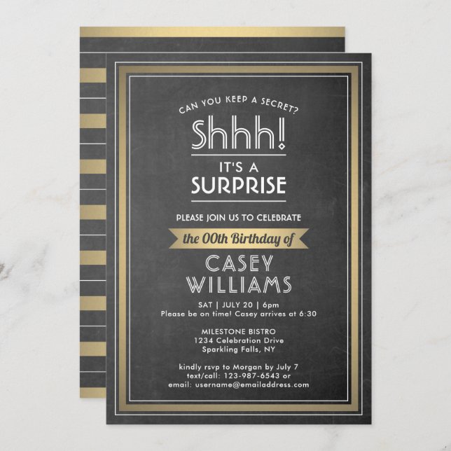 Birthday Surprise Party Black Chalkboard and Gold Invitation (Front/Back)