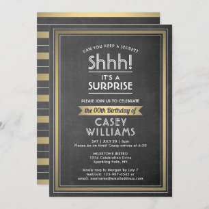 Birthday Surprise Party Black Chalkboard and Gold Invitation
