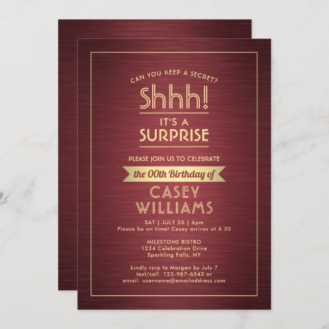 Birthday Surprise Party Brushed Burgundy and Gold Invitation (Front/Back)