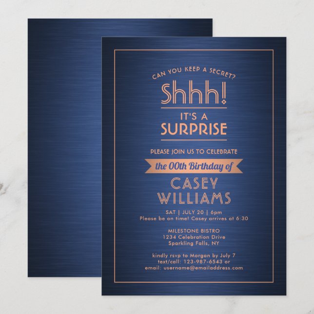 Birthday Surprise Party Brushed Navy Blue & Copper Invitation (Front/Back)