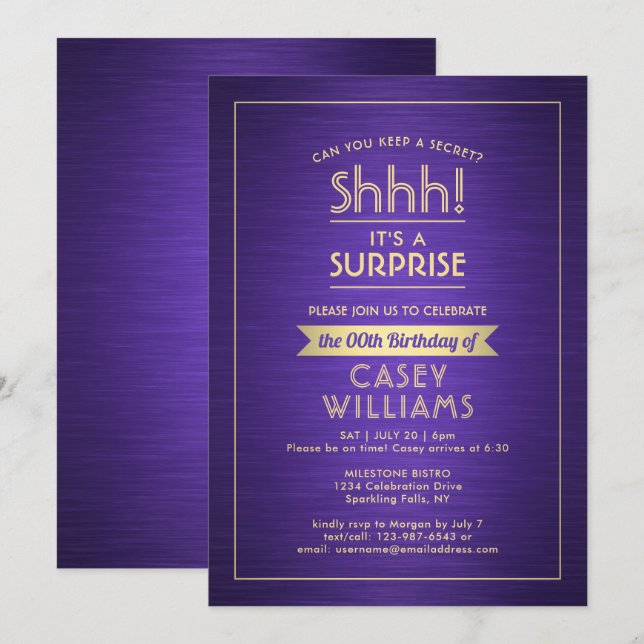 Birthday Surprise Party Brushed Purple and Gold Invitation (Front/Back)