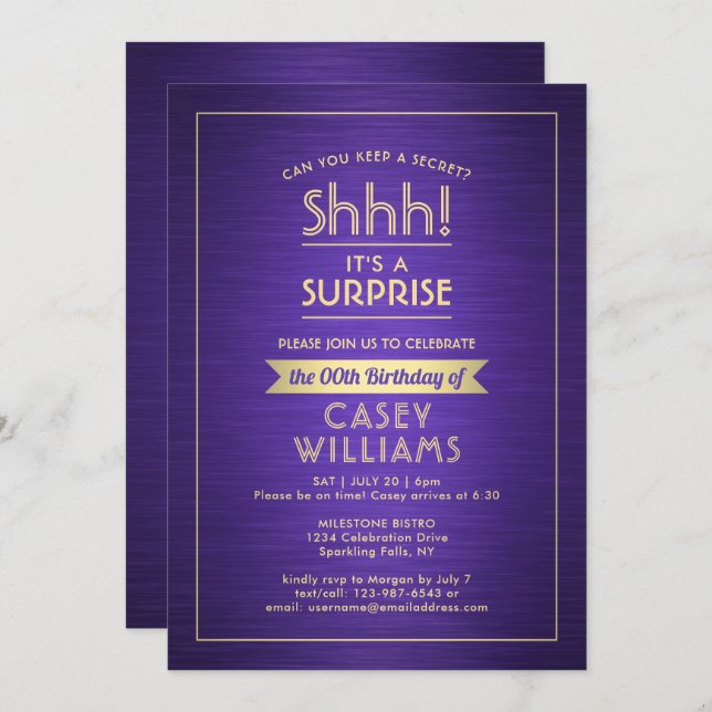Birthday Surprise Party Brushed Purple and Gold Invitation (Front/Back)