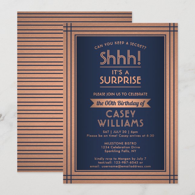 Birthday Surprise Party Elegant Navy Blue & Copper Invitation (Front/Back)