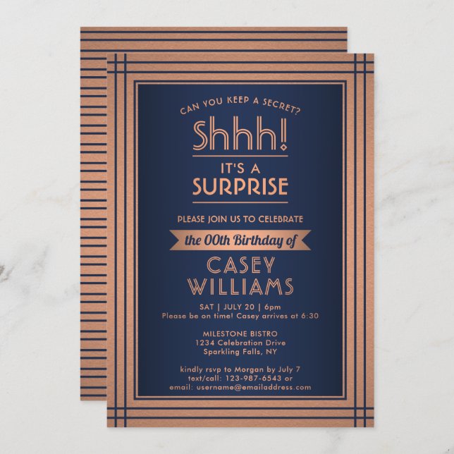 Birthday Surprise Party Elegant Navy Blue & Copper Invitation (Front/Back)
