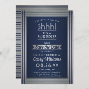 Birthday Surprise Party Elegant Navy Blue & Silver Save The Date