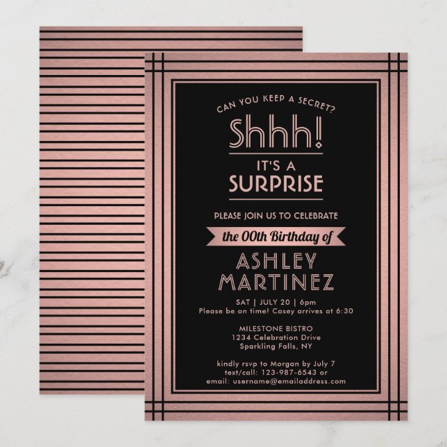 Birthday Surprise Party Elegant Rose Gold & Black Invitation (Front/Back)