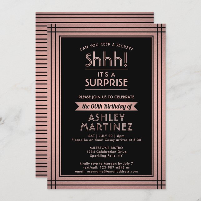 Birthday Surprise Party Elegant Rose Gold & Black Invitation (Front/Back)