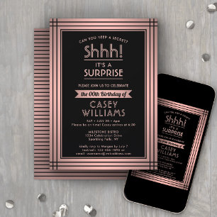Birthday Surprise Party Elegant Rose Gold & Black Invitation