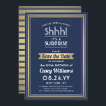 Birthday Surprise Party Navy Blue, White and Gold Save The Date<br><div class="desc">Can you keep a secret? Invite family and friends to an elegant and exciting surprise birthday celebration with custom navy blue, white and gold save the date party invitations. All wording on this template is simple to personalise, including message that reads "Shhh! It's a SURPRISE." The design features a modern...</div>