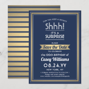 Birthday Surprise Party Navy Blue, White and Gold Save The Date