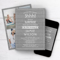 Birthday Surprise Party Rustic Wood Gray and White