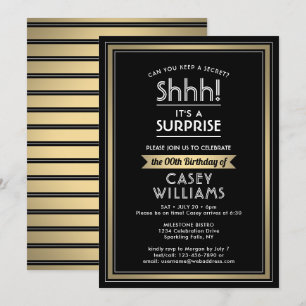 Birthday Surprise Party Shhh! Black, White & Gold Invitation
