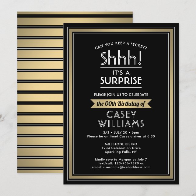 Birthday Surprise Party Shhh! Black, White & Gold Invitation (Front/Back)