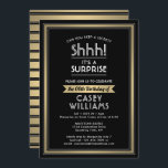Birthday Surprise Party Shhh! Black, White & Gold Invitation<br><div class="desc">Can you keep a secret? Invite family and friends to an elegant and exciting surprise birthday celebration with custom black, white and gold party invitations. All wording on this template is simple to personalize, including message that reads "Shhh! It's a SURPRISE." The design features a modern striped border, classic vintage...</div>