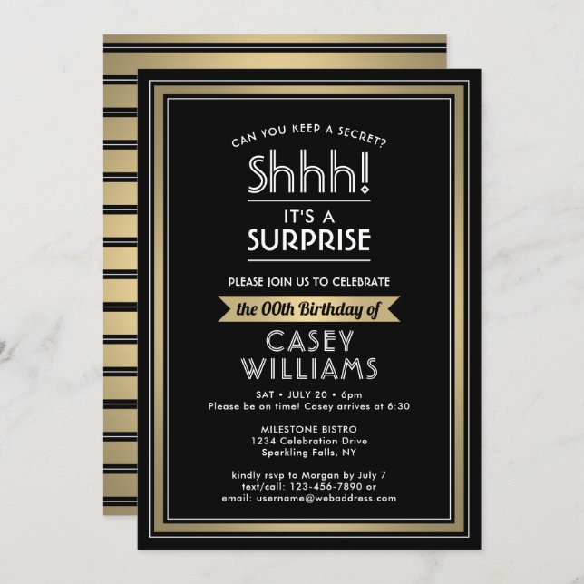Birthday Surprise Party Shhh! Black, White & Gold Invitation (Front/Back)