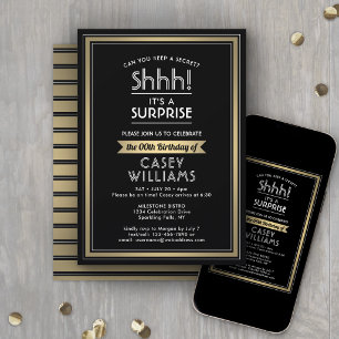 Birthday Surprise Party Shhh! Black, White & Gold Invitation