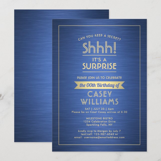 Birthday Surprise Party Shhh! Brushed Blue & Gold Invitation (Front/Back)