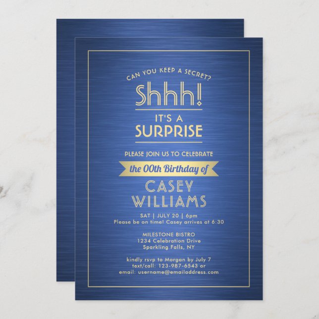 Birthday Surprise Party Shhh! Brushed Blue & Gold Invitation (Front/Back)