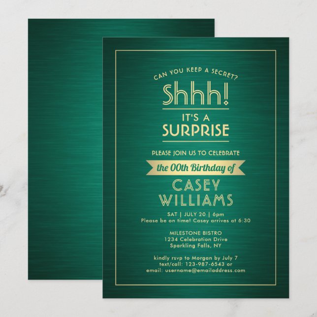 Birthday Surprise Party Shhh! Brushed Green & Gold Invitation (Front/Back)