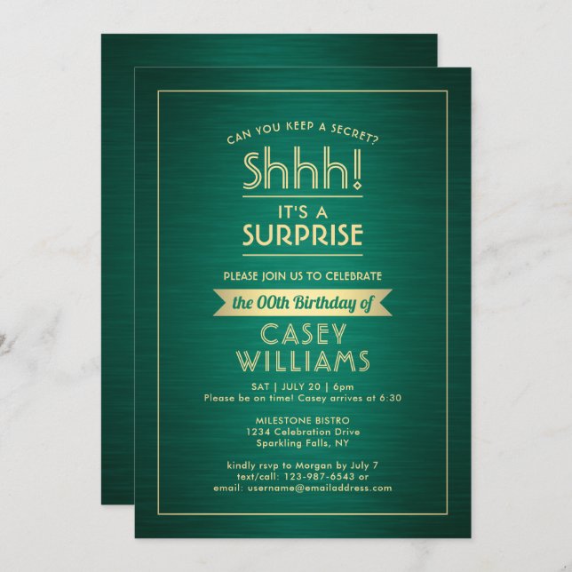 Birthday Surprise Party Shhh! Brushed Green & Gold Invitation (Front/Back)